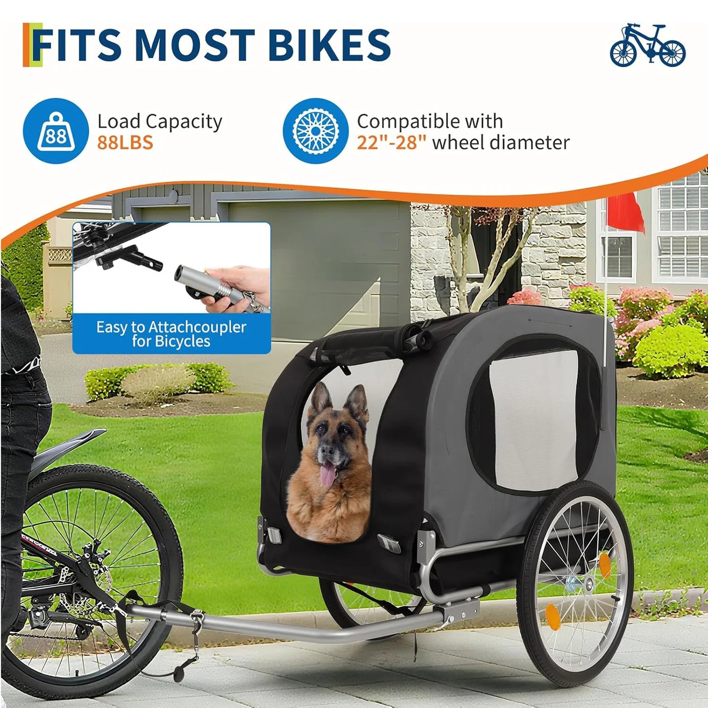 Dog Bike Trailer 88LBS Dog Cart for Bicycle Pet Cart Bicycle Carrier with Wheels,Folding Cart Frame,Univer-Sal Bicycle Coupler