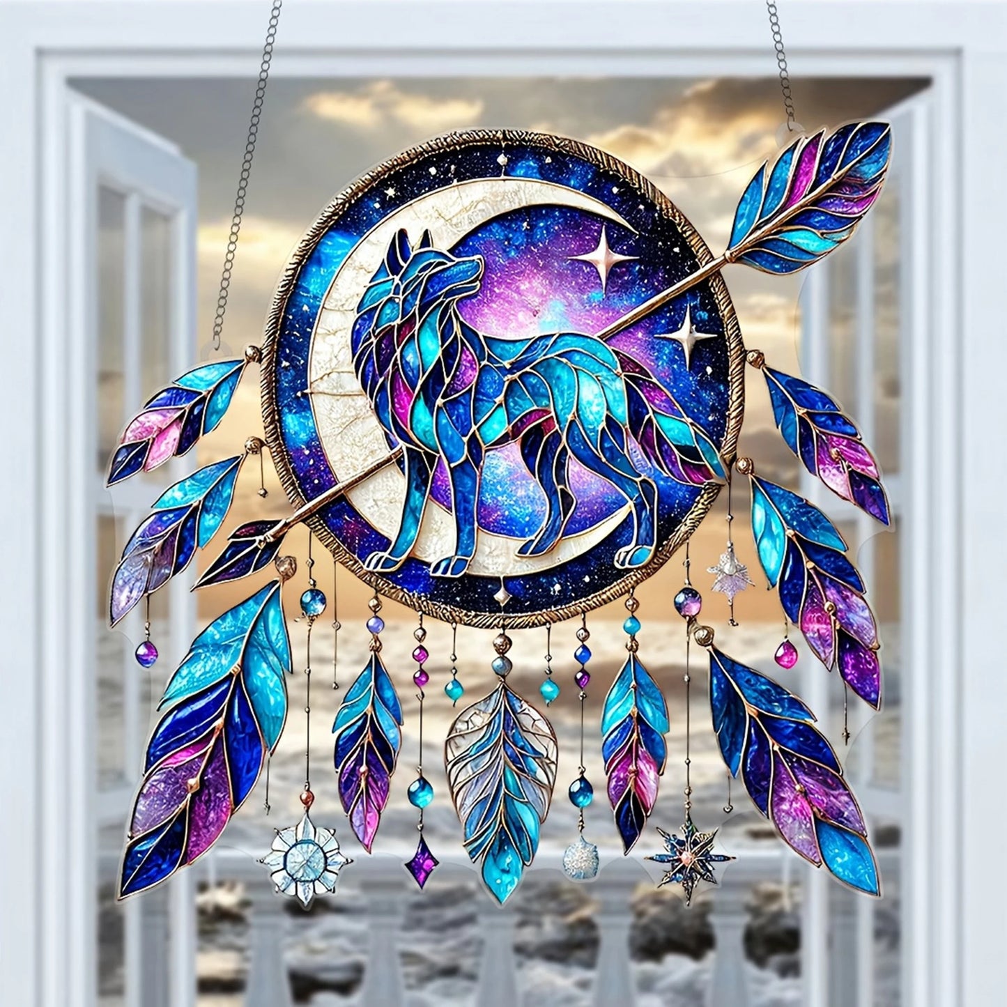 Dreamy Wolf Feather Dreamcatcher Wall Hanging Decorations for Home - Modern Acrylic Suncatcher Window Ornaments