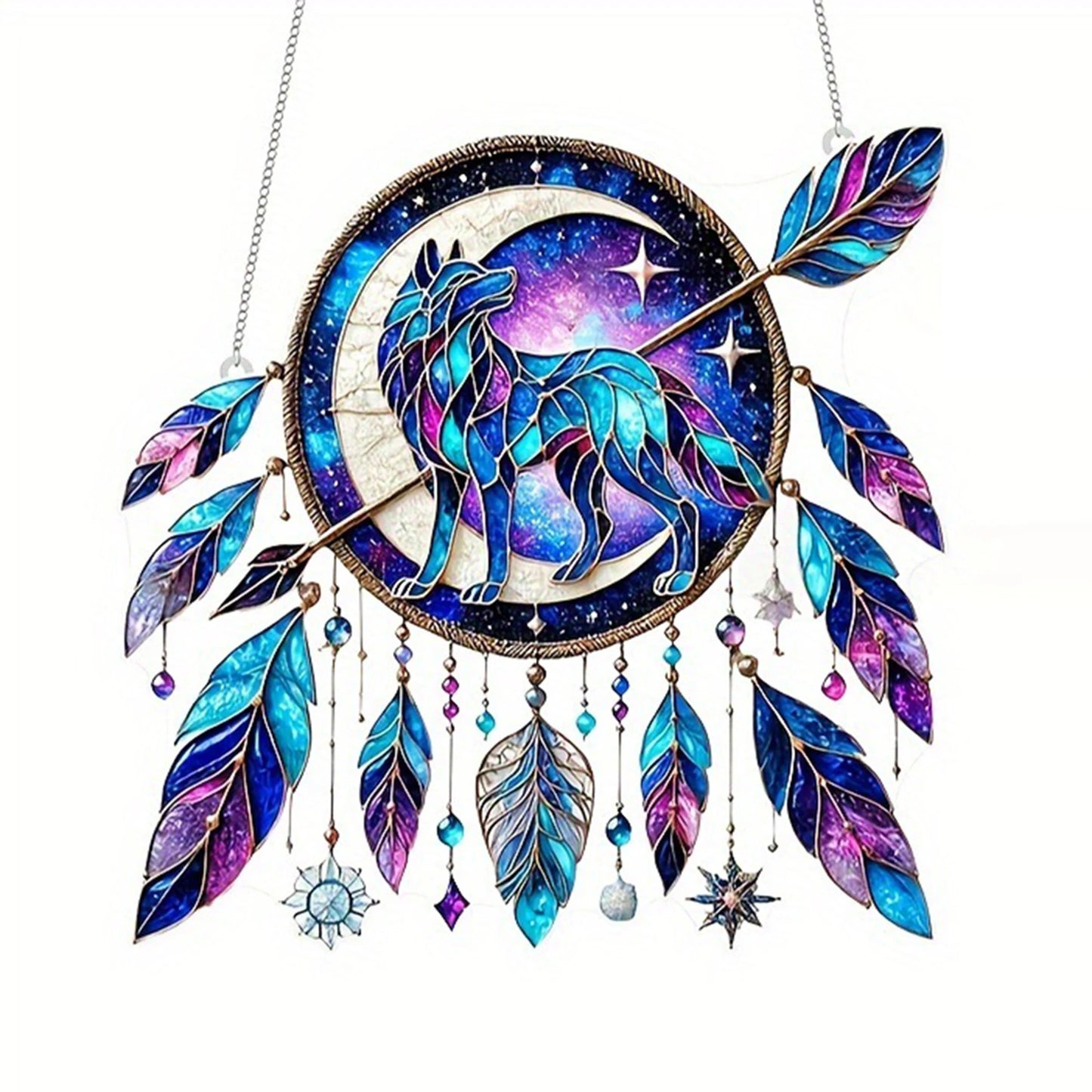 Dreamy Wolf Feather Dreamcatcher Wall Hanging Decorations for Home - Modern Acrylic Suncatcher Window Ornaments