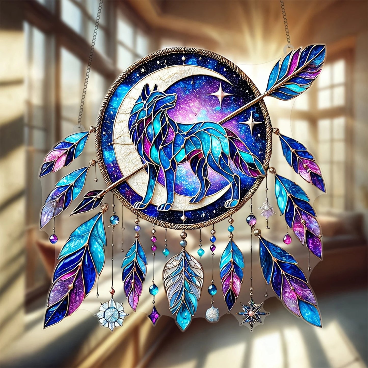 Dreamy Wolf Feather Dreamcatcher Wall Hanging Decorations for Home - Modern Acrylic Suncatcher Window Ornaments