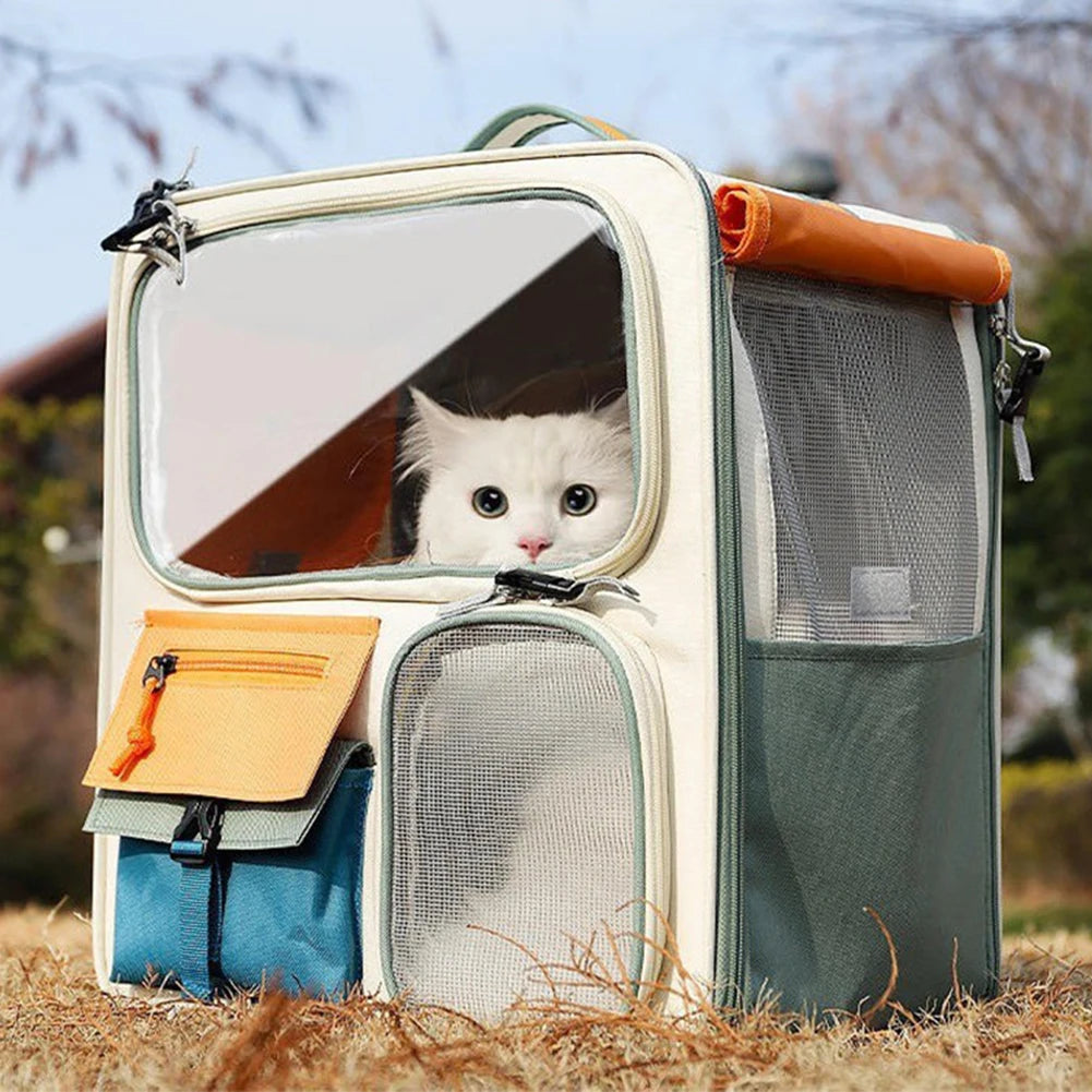 Dog & Cat Travel Carrier Bag Large Capacity Ventilated Mesh Pet Backpack Transparent Window Pet Backpack for Car Travel Camping