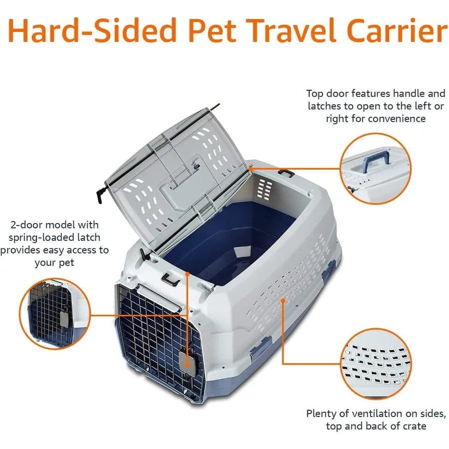 2Door TopLoad HardSided Pet Travel Carrier for Dogs and Cats Gray Blue 22.8L x 15.0W x 13.0H Ideal for Airplane Car and Road Tr