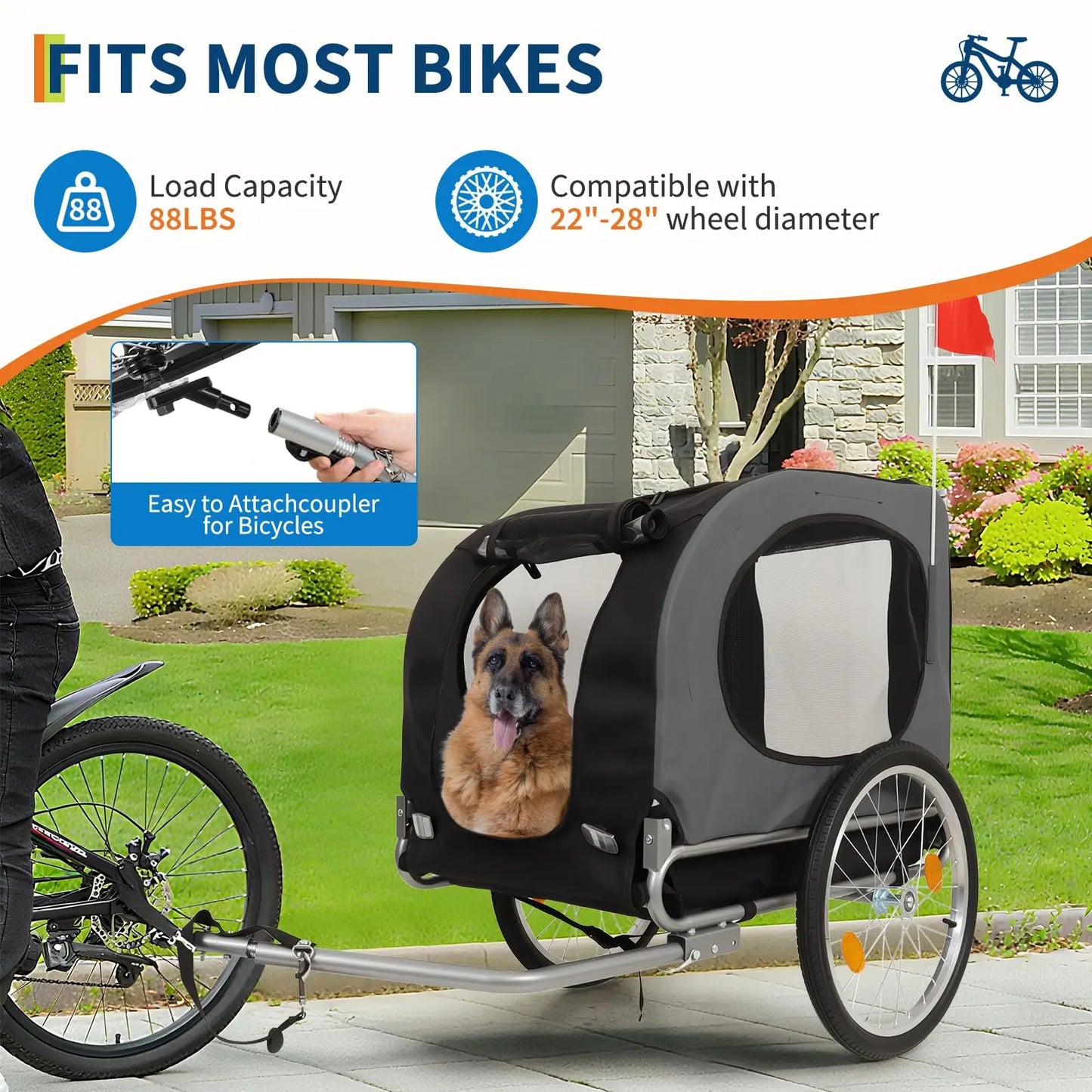 Dog Bike Trailer, Pet Cart Bicycle Carrier with Oxford Fabric, 88Lbs Capacity Folding Dog Carrier, 16" Air Tires, Adaptive Bicyc