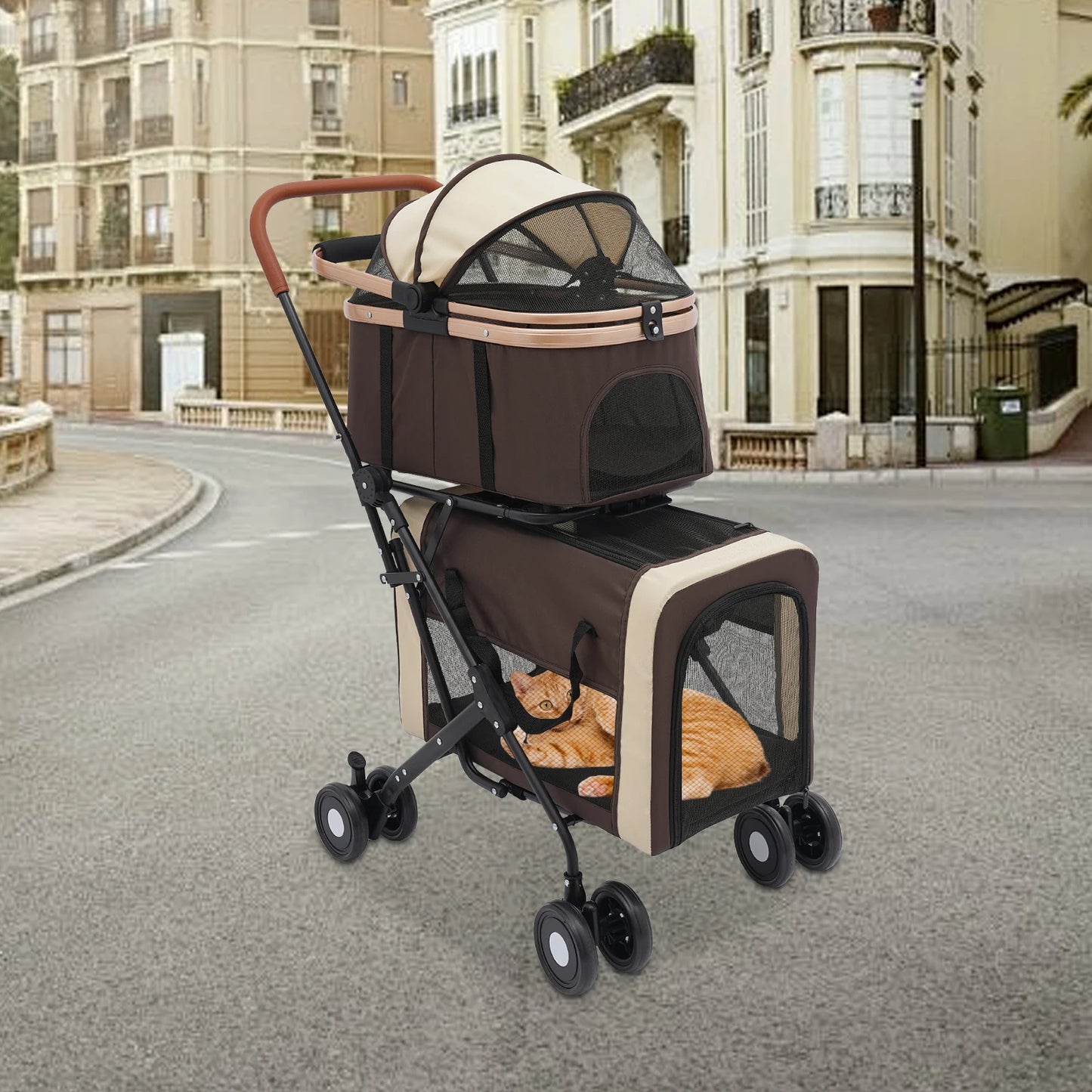 2-Tier Foldable Pet Stroller, Dog & Cat Stroller, Foldable Pet Stroller for Small & Medium Dogs, Overall Load 77lbs (Coffee)