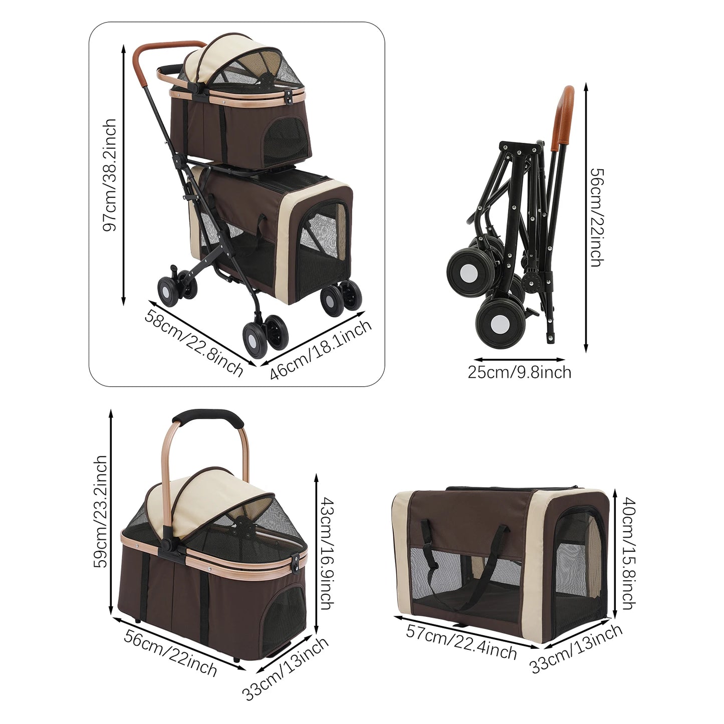 2-Tier Foldable Pet Stroller, Dog & Cat Stroller, Foldable Pet Stroller for Small & Medium Dogs, Overall Load 77lbs (Coffee)