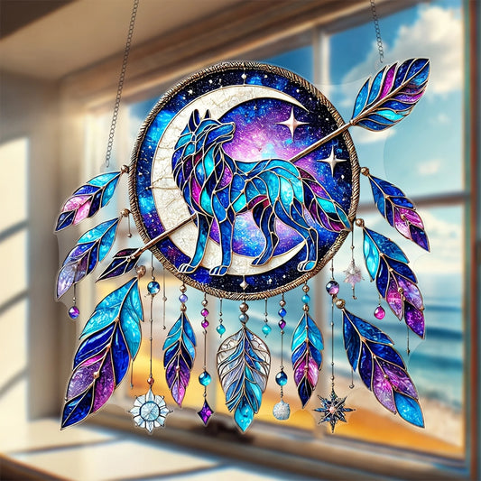 Dreamy Wolf Feather Dreamcatcher Wall Hanging Decorations for Home - Modern Acrylic Suncatcher Window Ornaments