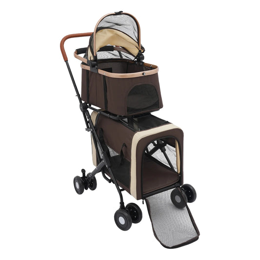 2-Tier Foldable Pet Stroller, Dog & Cat Stroller, Foldable Pet Stroller for Small & Medium Dogs, Overall Load 77lbs (Coffee)
